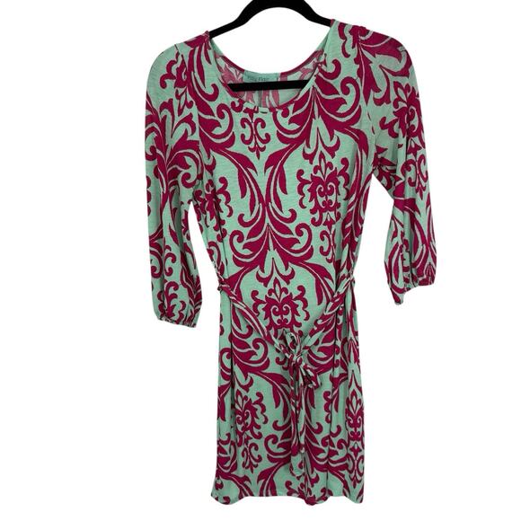 Filly Flair Tie Waist Shift Dress Size Small Mint Pink Floral 3/4 Sleeve Preppy - Picture 6 of 10